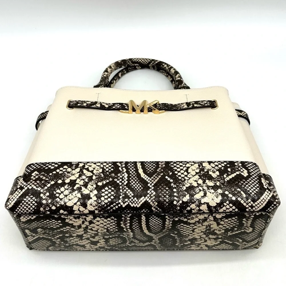 Michael Kors Large Reed Leather Belted Satchel Crossbody Bag Cream Snakeskin